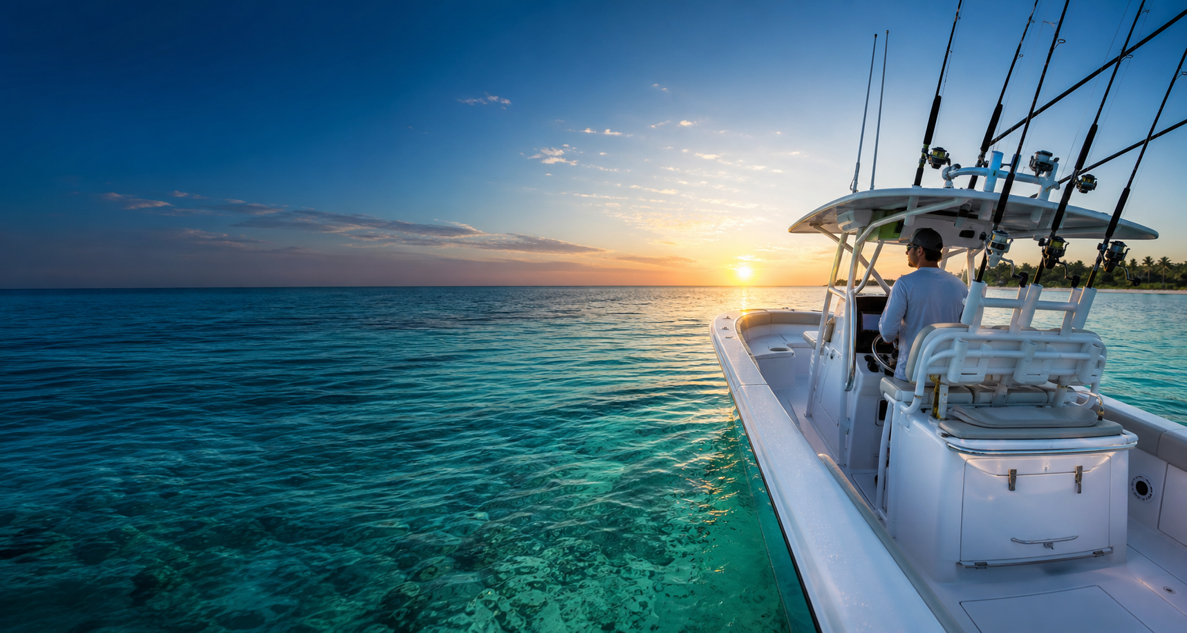 Florida offshore fishing boat on bright blue-green water